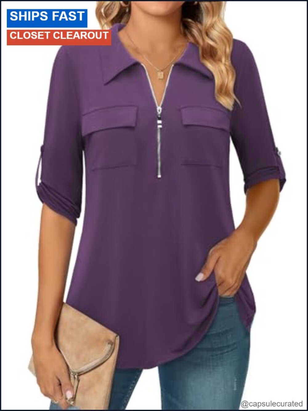 3/4 Sleeve Collared V Neck Zip Tunic Blouse Womens Business Casual